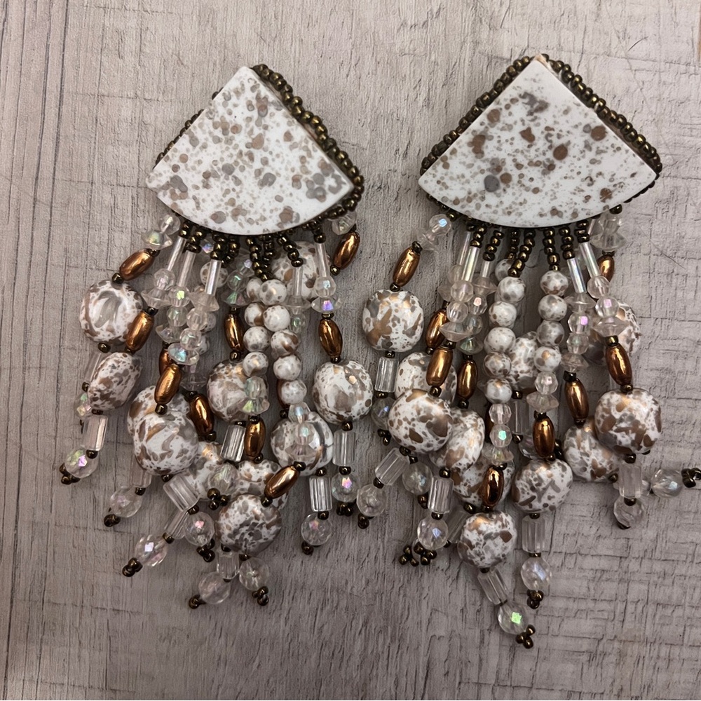 Vintage Handmade Beaded Earrings Bohemian Beach Hippie Boho White Gold‎